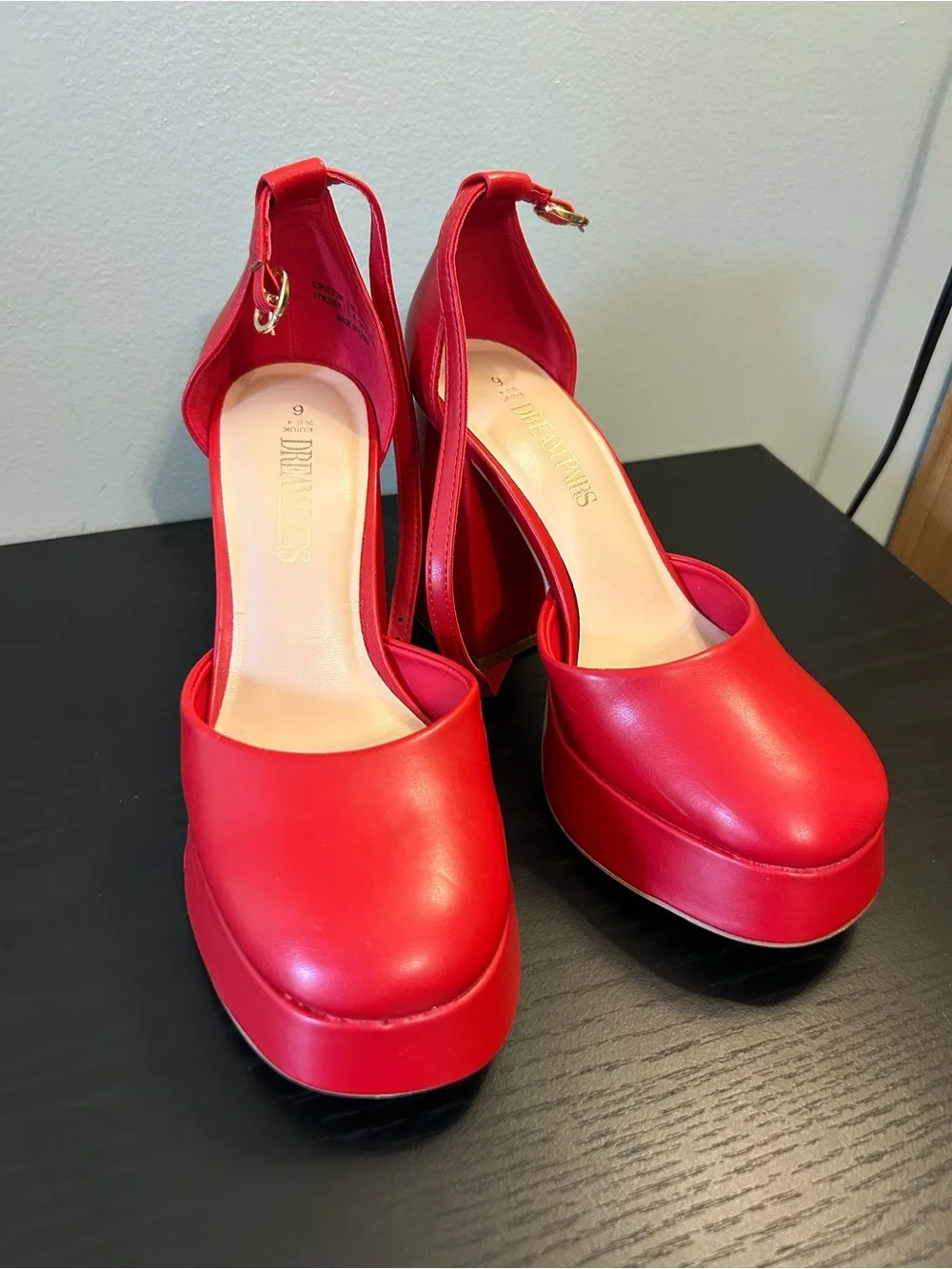 Dream Pairs Red Platform Almond-Toe Ankle-Strap Pumps